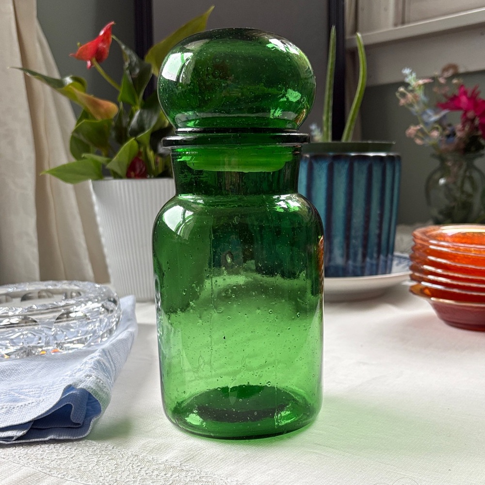 Vintage Emerald Green Belgium Apothecary Jar Canister Container Bubble Lid MCM